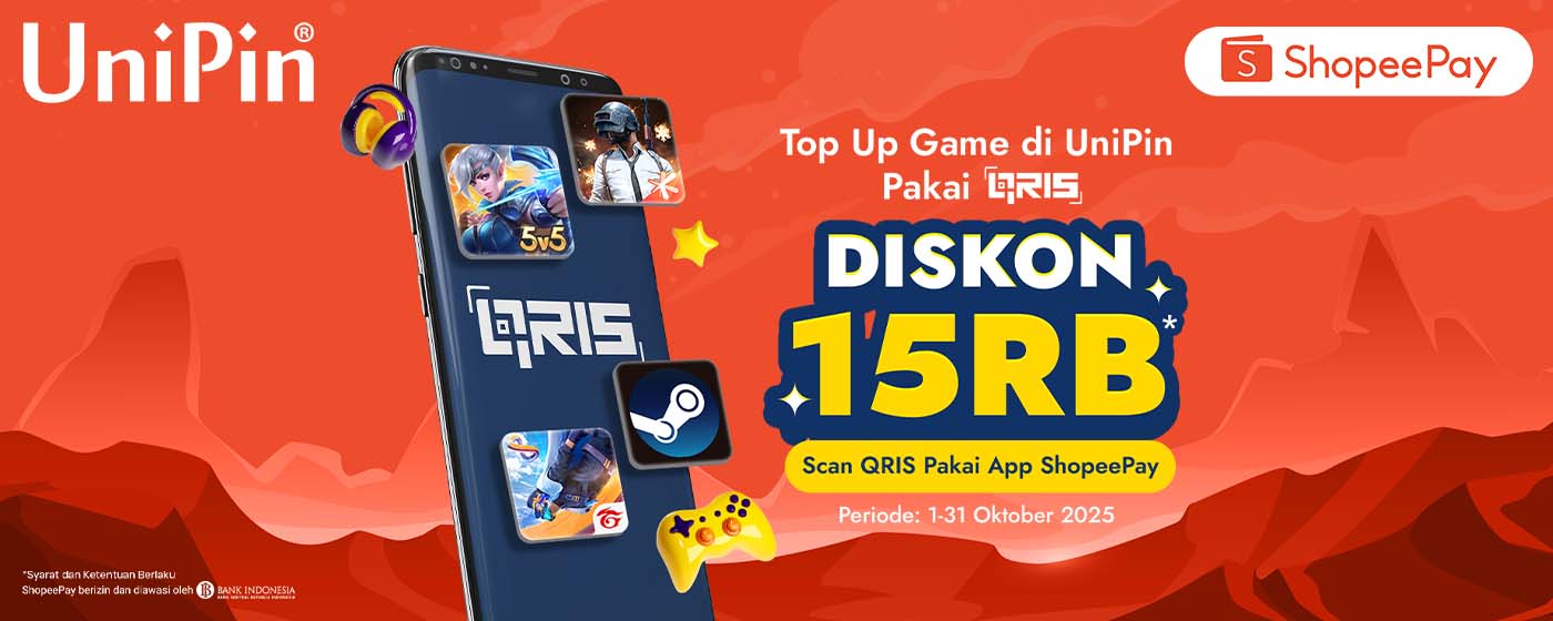Diskon Rp 15.000 Tiap Top Up game favoritmu pakai QRIS ShopeePay!